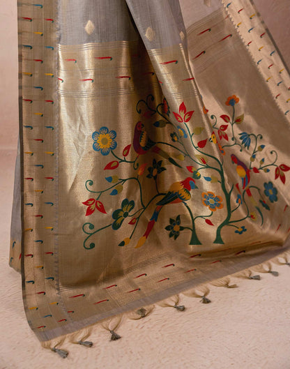 Grey Chanderi Cotton Woven Paithani Saree