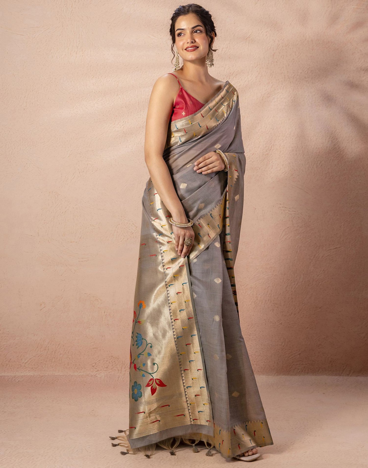 Grey Chanderi Cotton Woven Paithani Saree