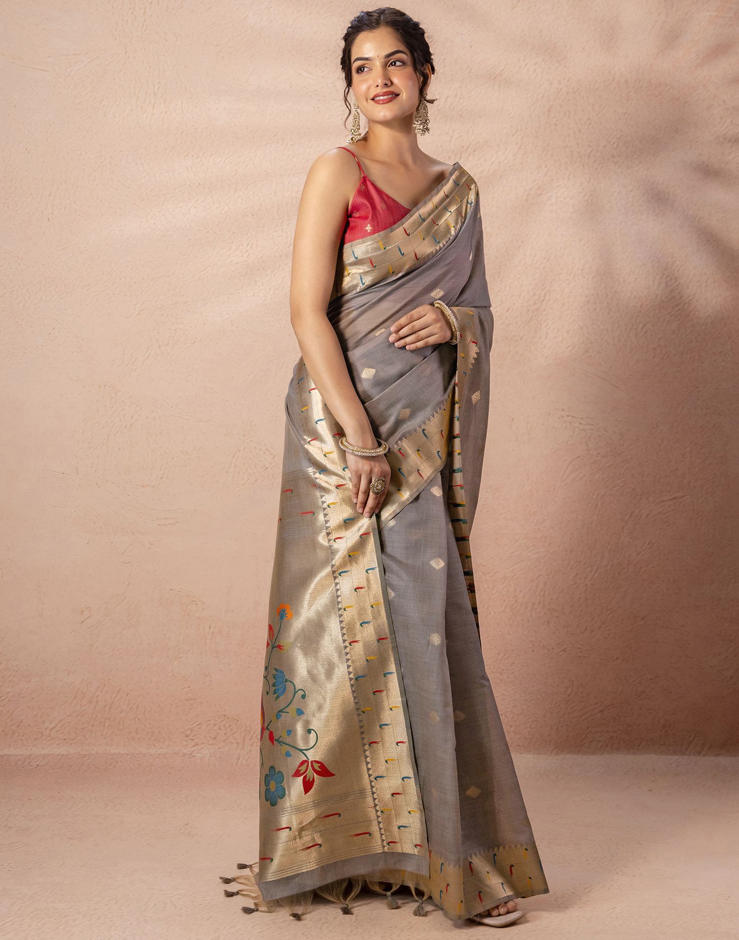 Grey Chanderi Cotton Woven Paithani Saree
