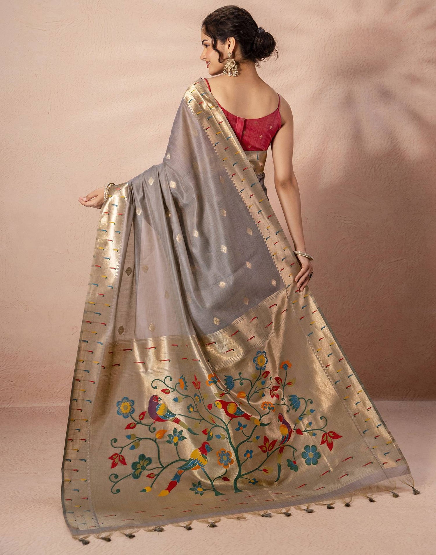 Grey Chanderi Cotton Woven Paithani Saree