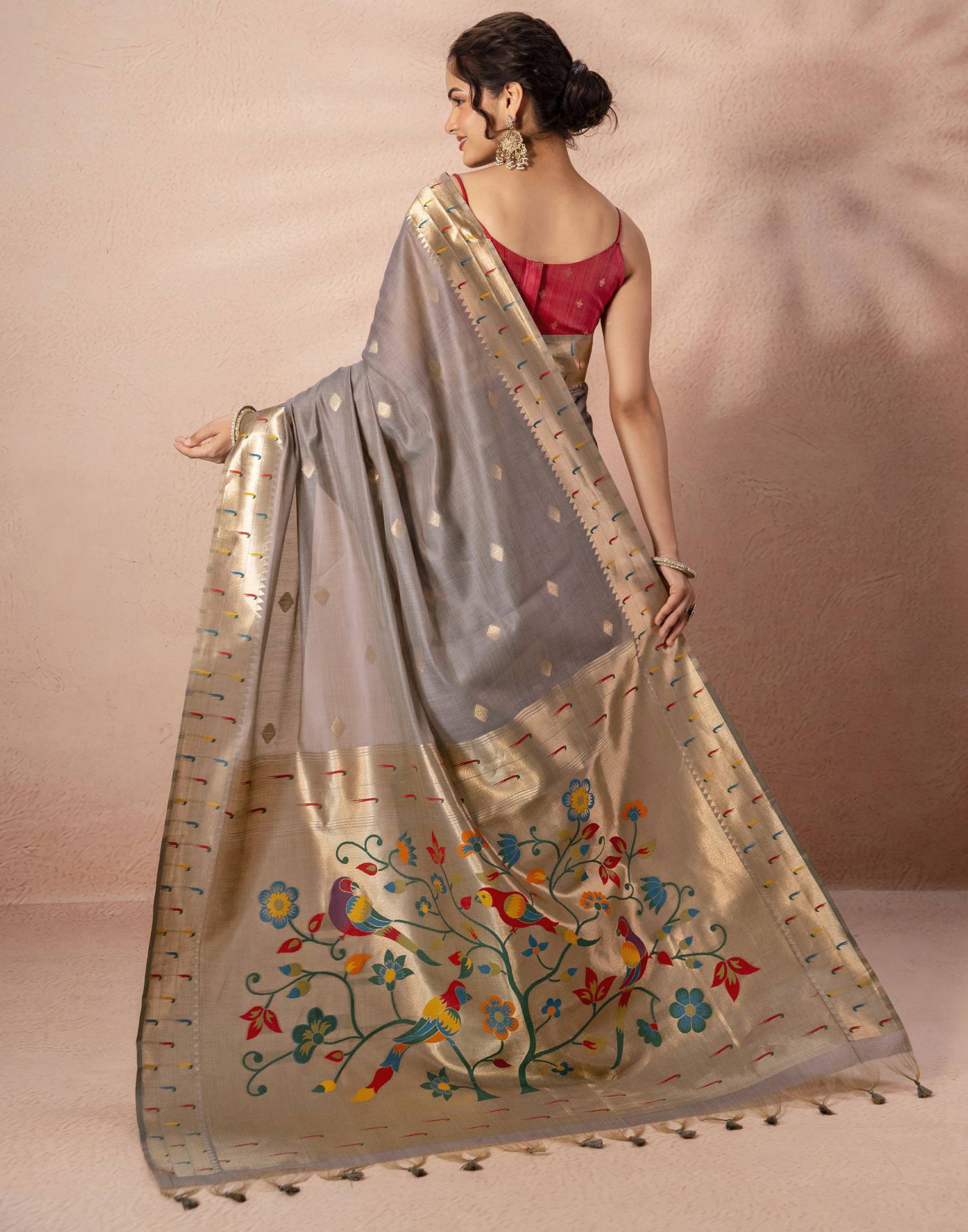 Grey Chanderi Cotton Woven Paithani Saree