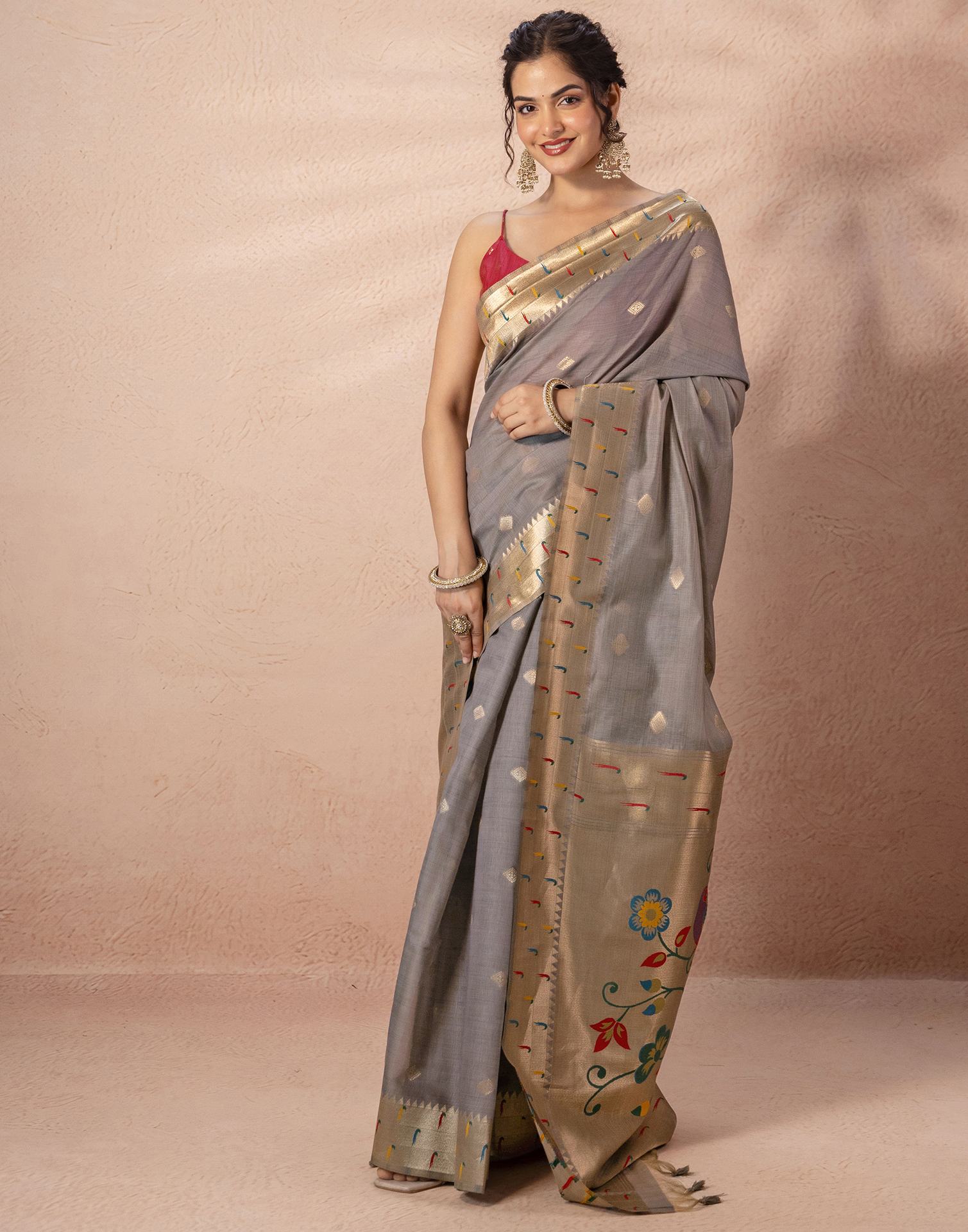 Grey Chanderi Cotton Woven Paithani Saree