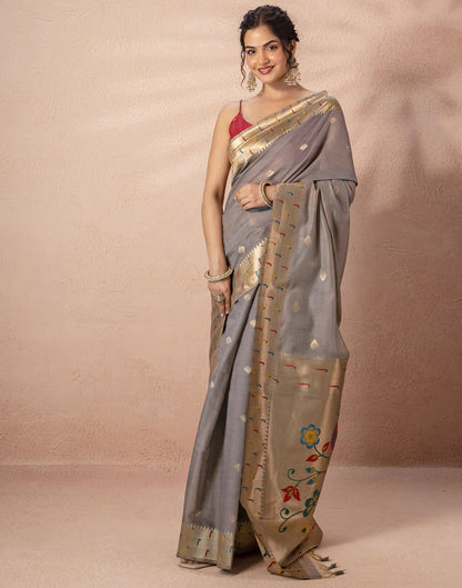 Grey Chanderi Cotton Woven Paithani Saree