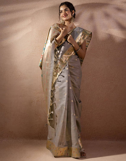 Grey Chanderi Cotton Woven Paithani Saree