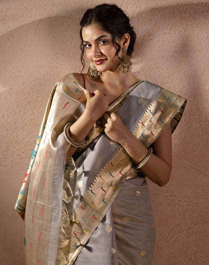 Grey Chanderi Cotton Woven Paithani Saree