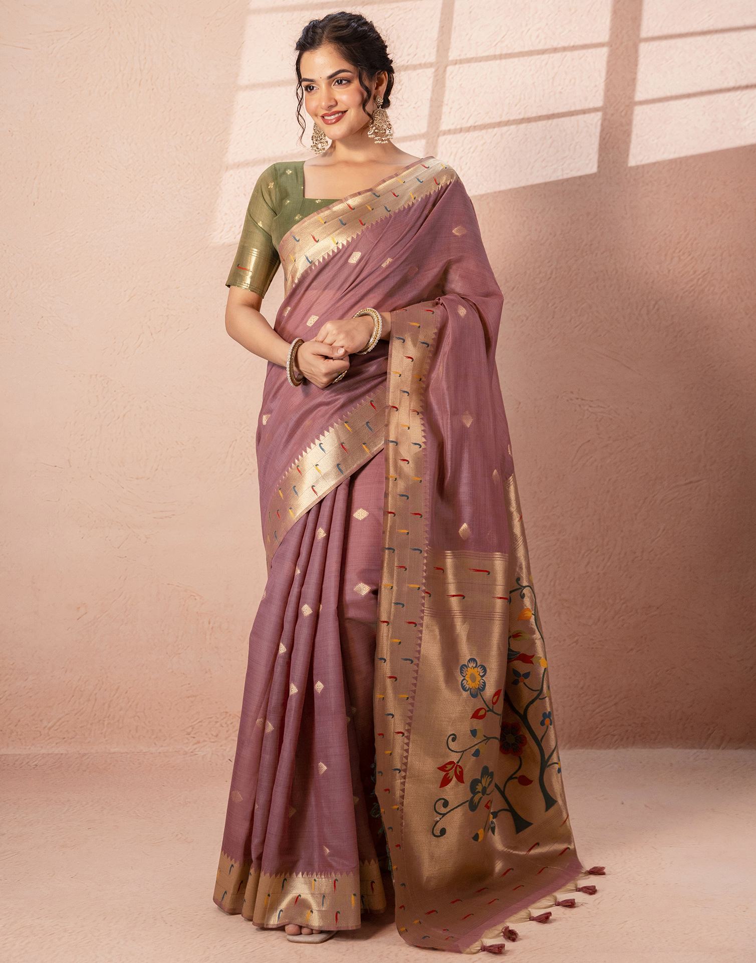 Dusty Mauve Chanderi Cotton Woven Paithani Saree