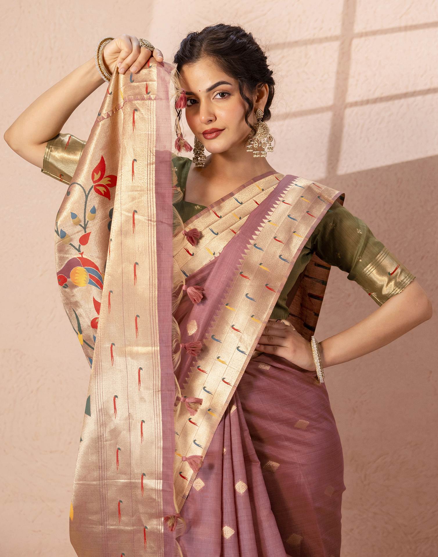 Dusty Mauve Chanderi Cotton Woven Paithani Saree