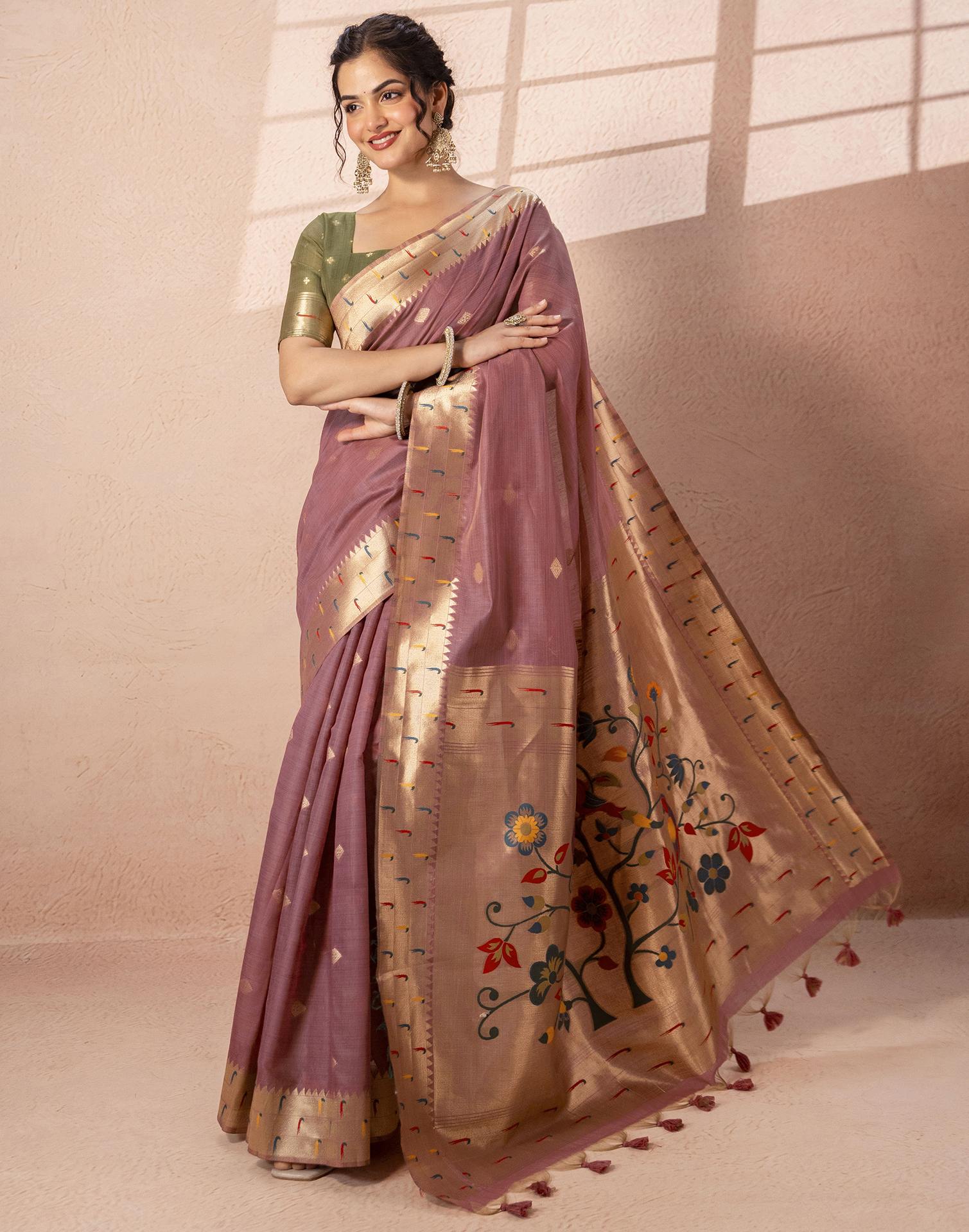 Dusty Mauve Chanderi Cotton Woven Paithani Saree