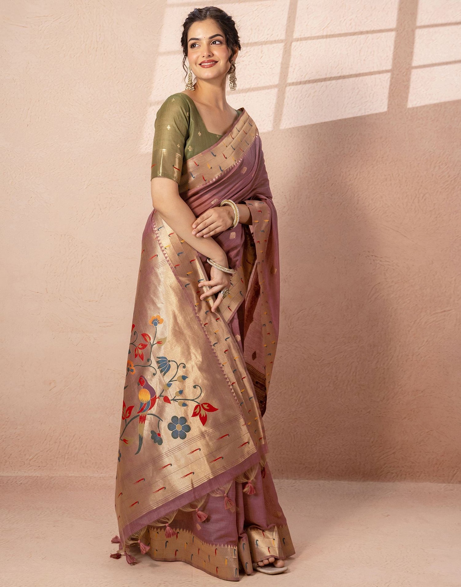Dusty Mauve Chanderi Cotton Woven Paithani Saree