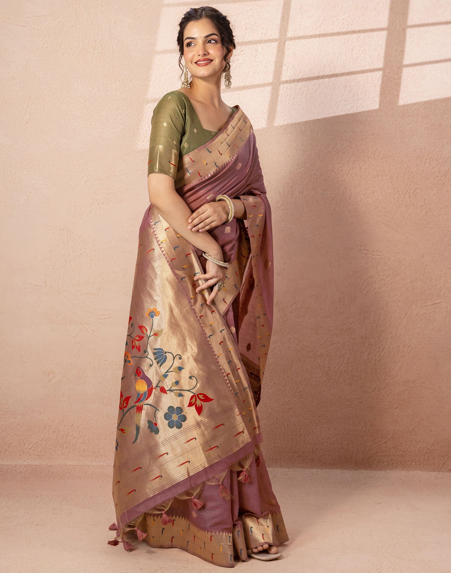 Dusty Mauve Chanderi Cotton Woven Paithani Saree
