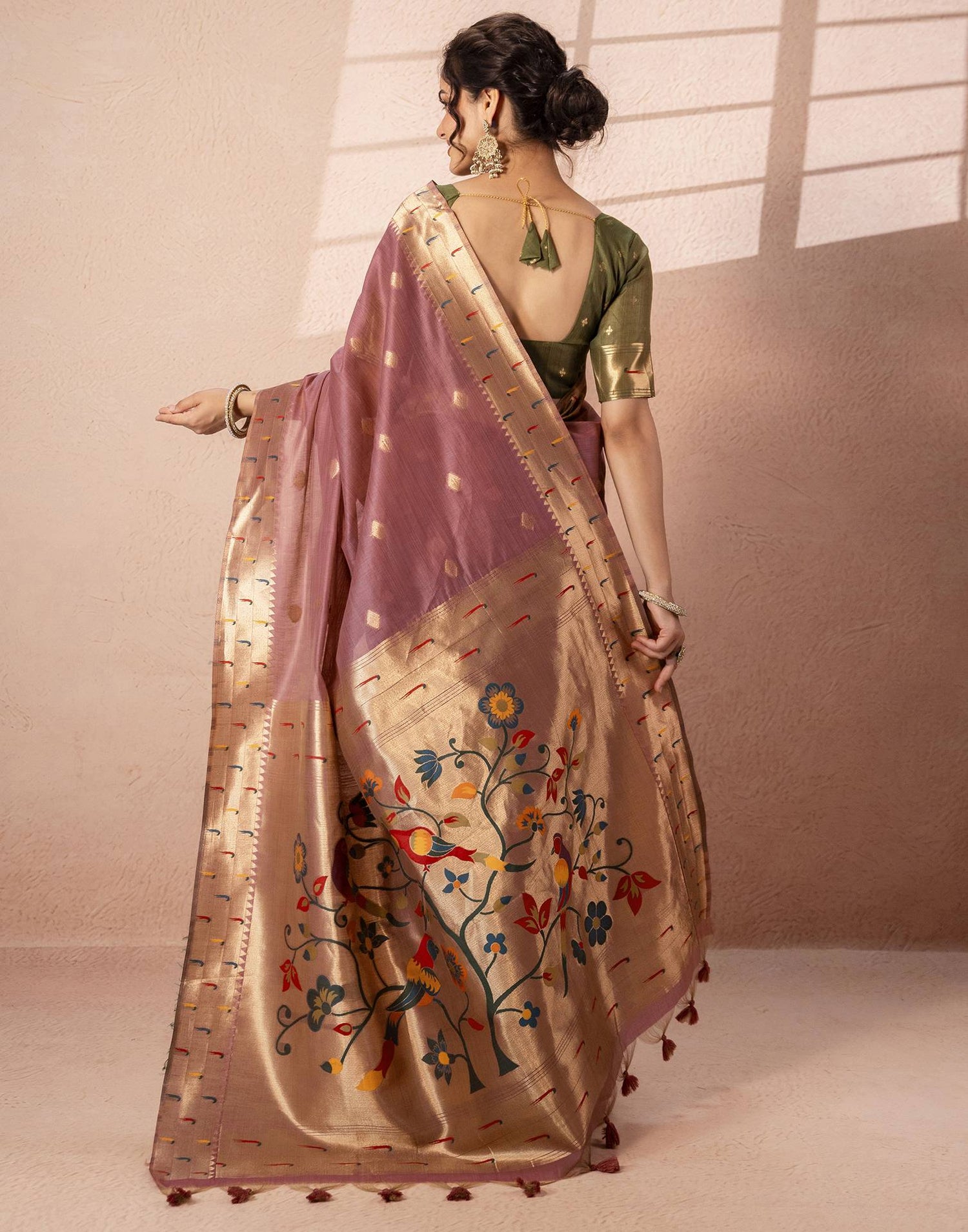 Dusty Mauve Chanderi Cotton Woven Paithani Saree