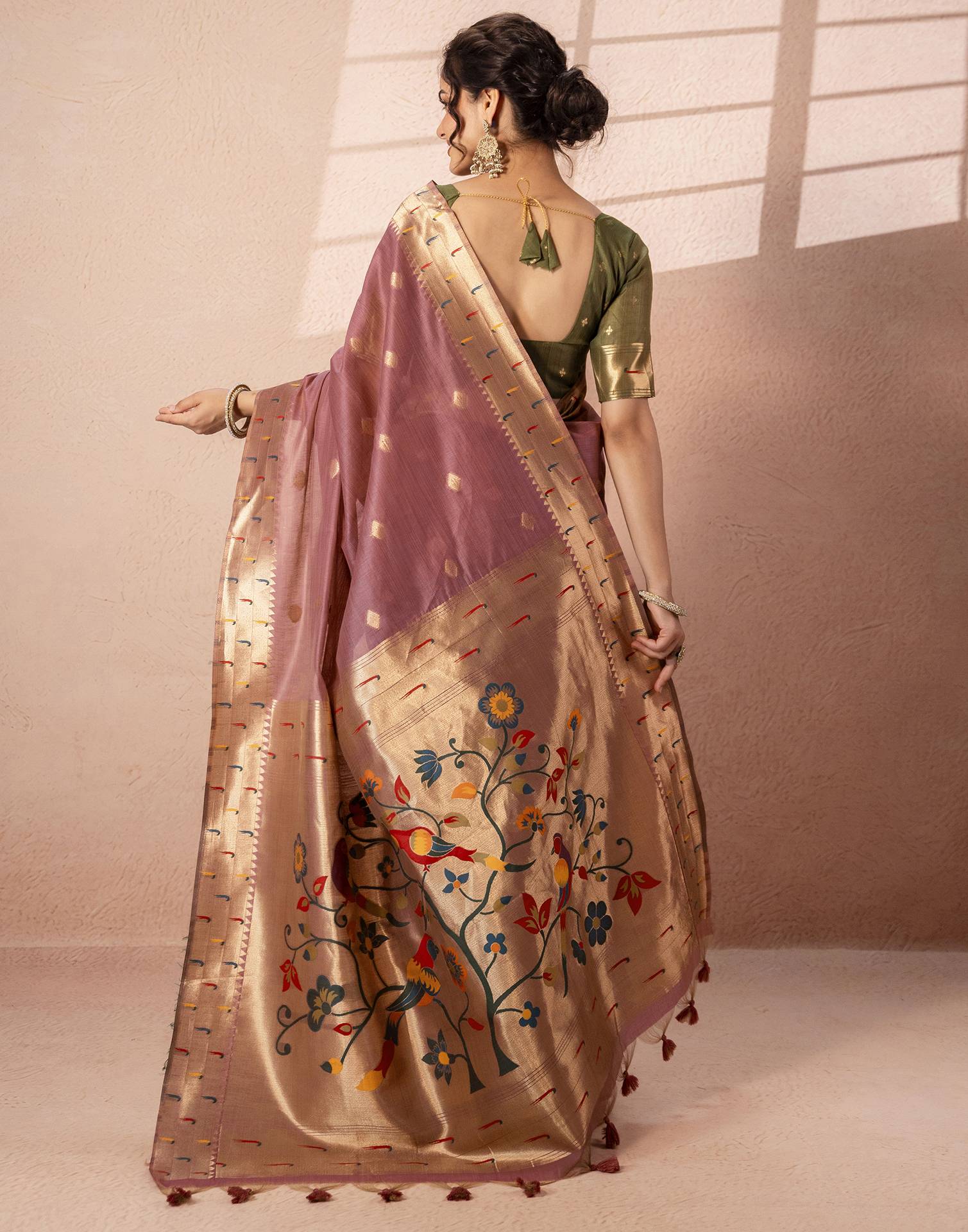 Dusty Mauve Chanderi Cotton Woven Paithani Saree