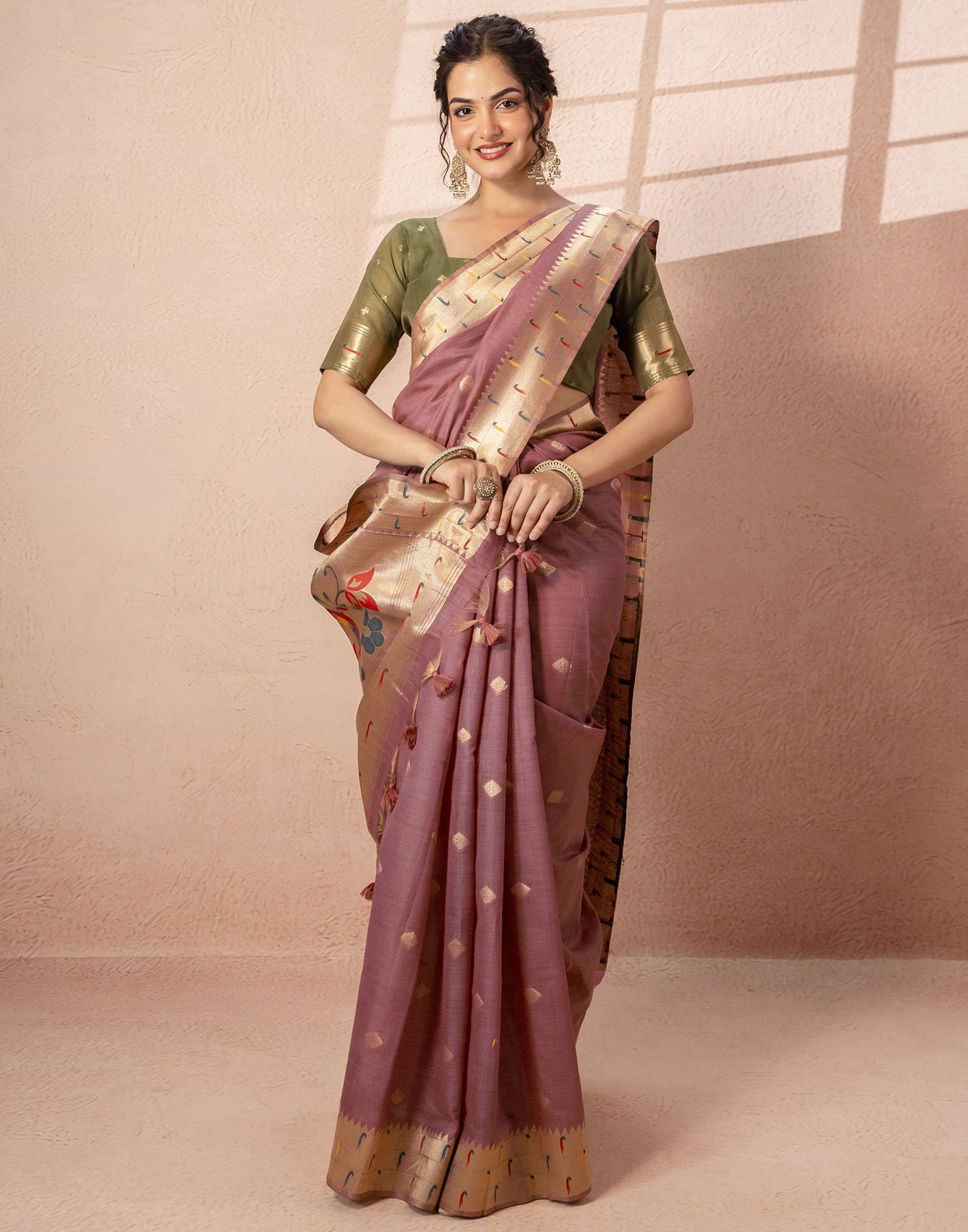 Dusty Mauve Chanderi Cotton Woven Paithani Saree