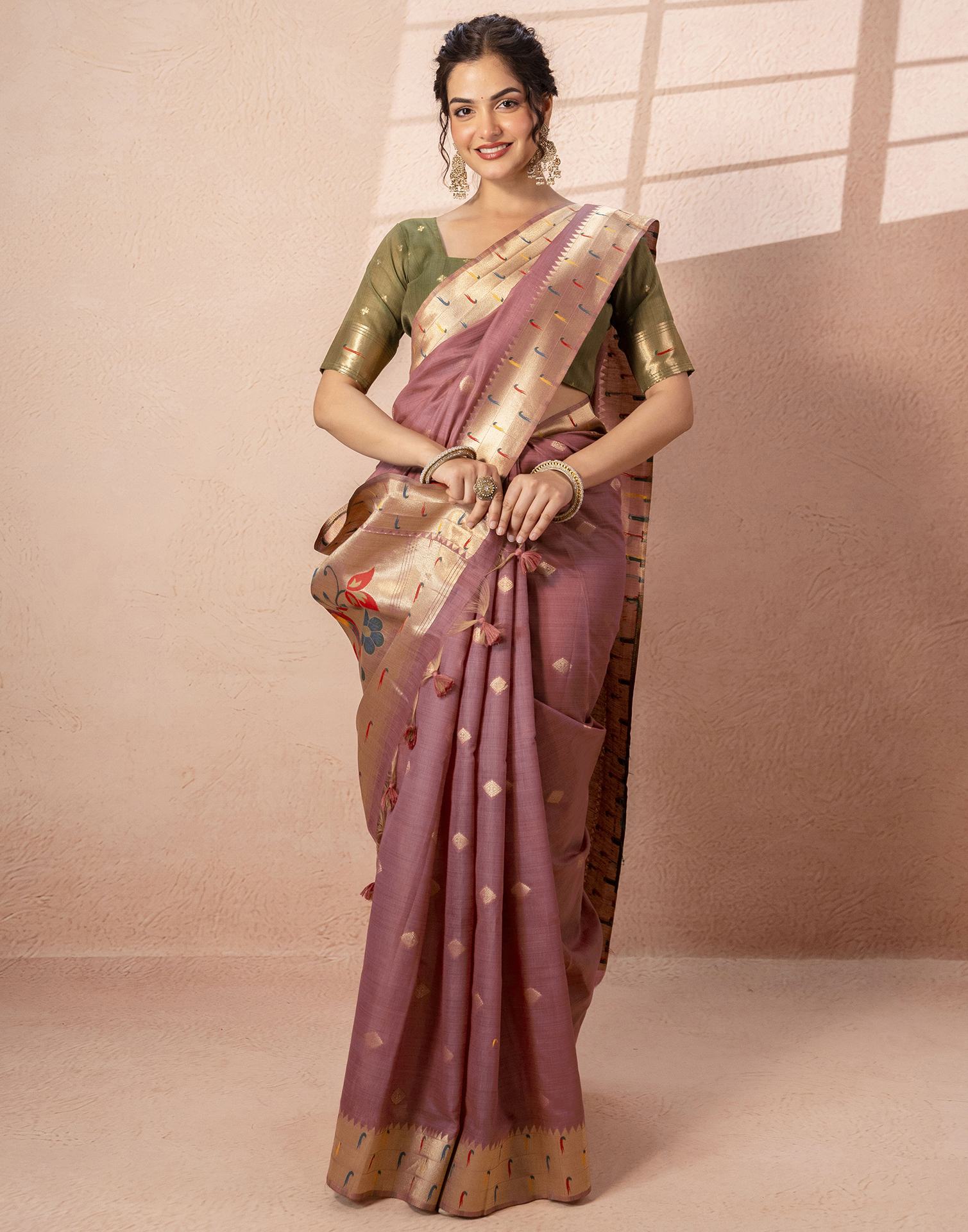 Dusty Mauve Chanderi Cotton Woven Paithani Saree