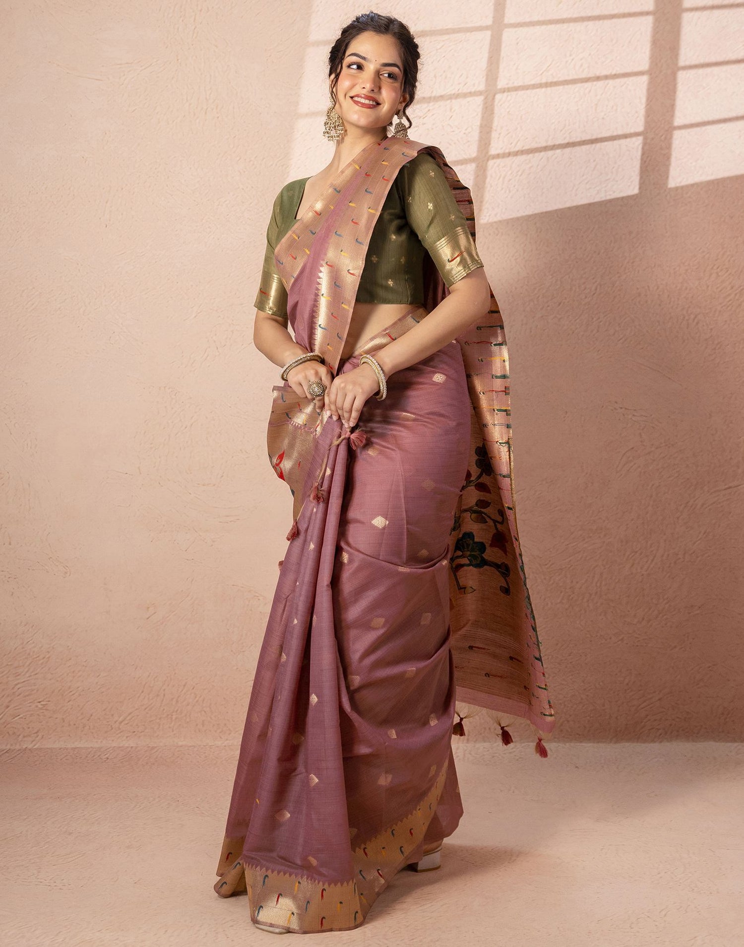 Dusty Mauve Chanderi Cotton Woven Paithani Saree