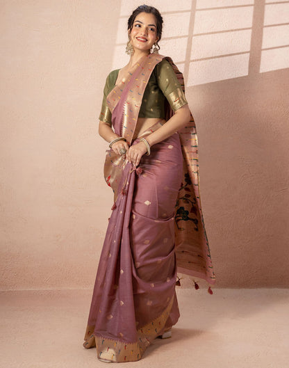 Dusty Mauve Chanderi Cotton Woven Paithani Saree