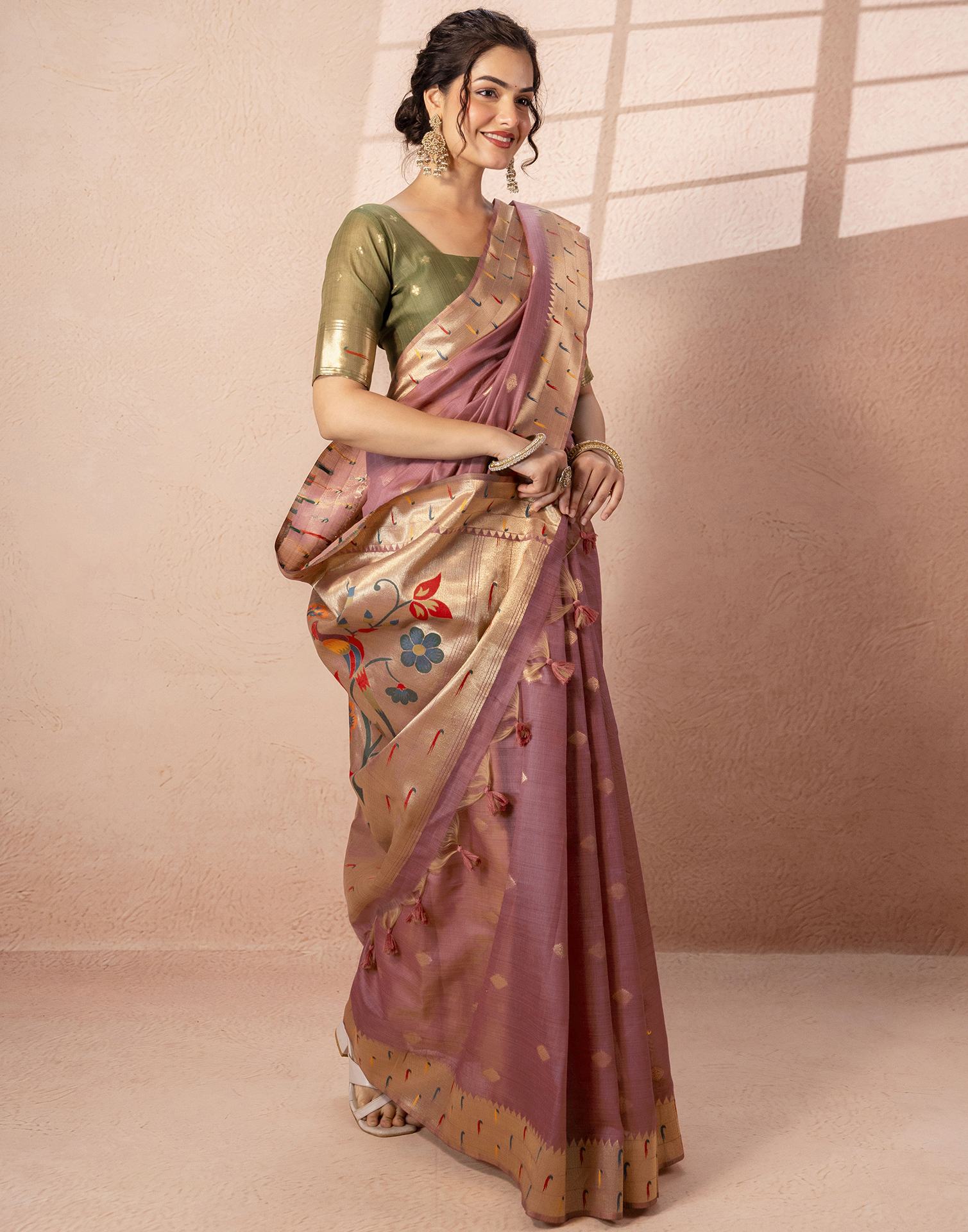 Dusty Mauve Chanderi Cotton Woven Paithani Saree