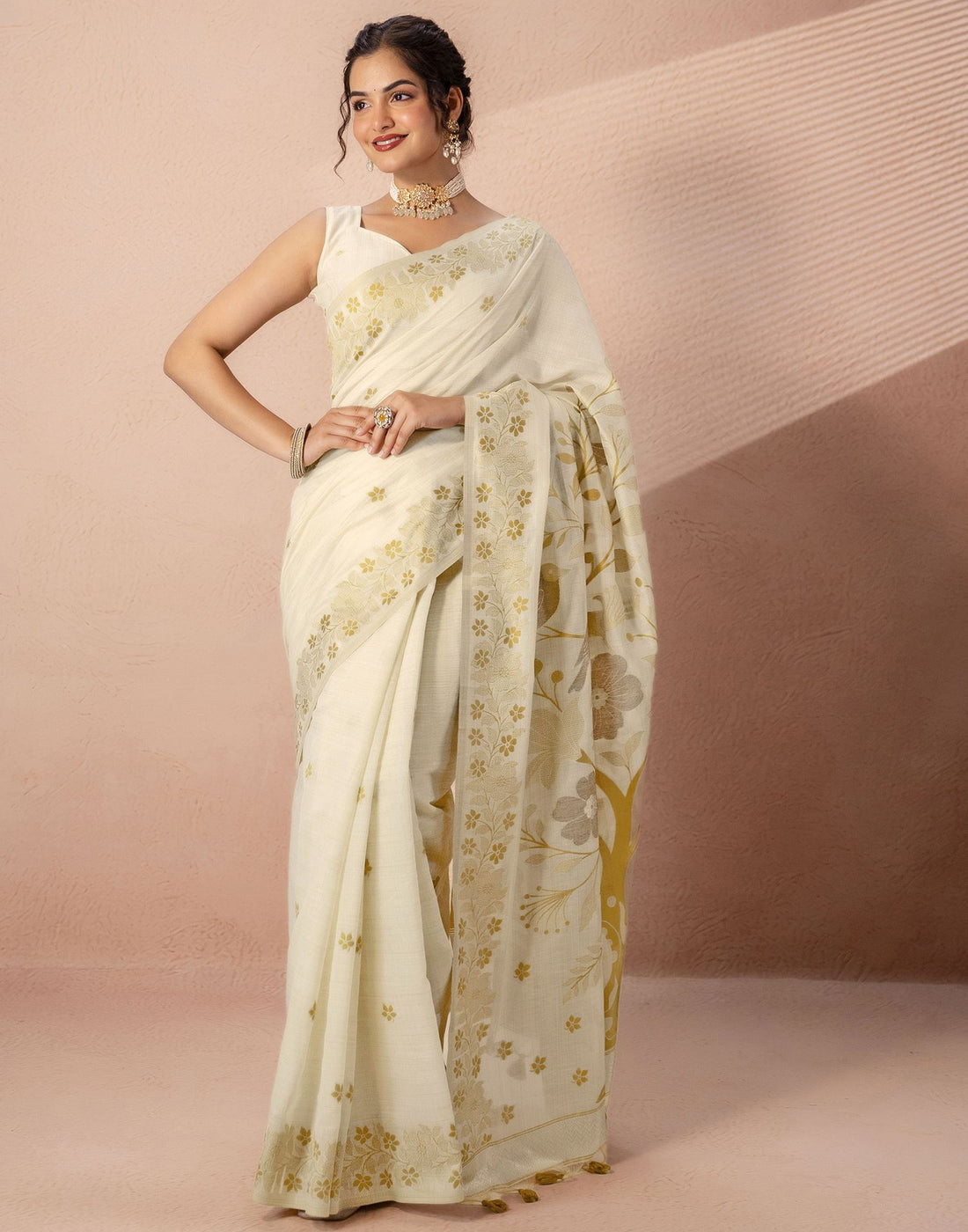 Beige Chanderi Cotton Woven Saree