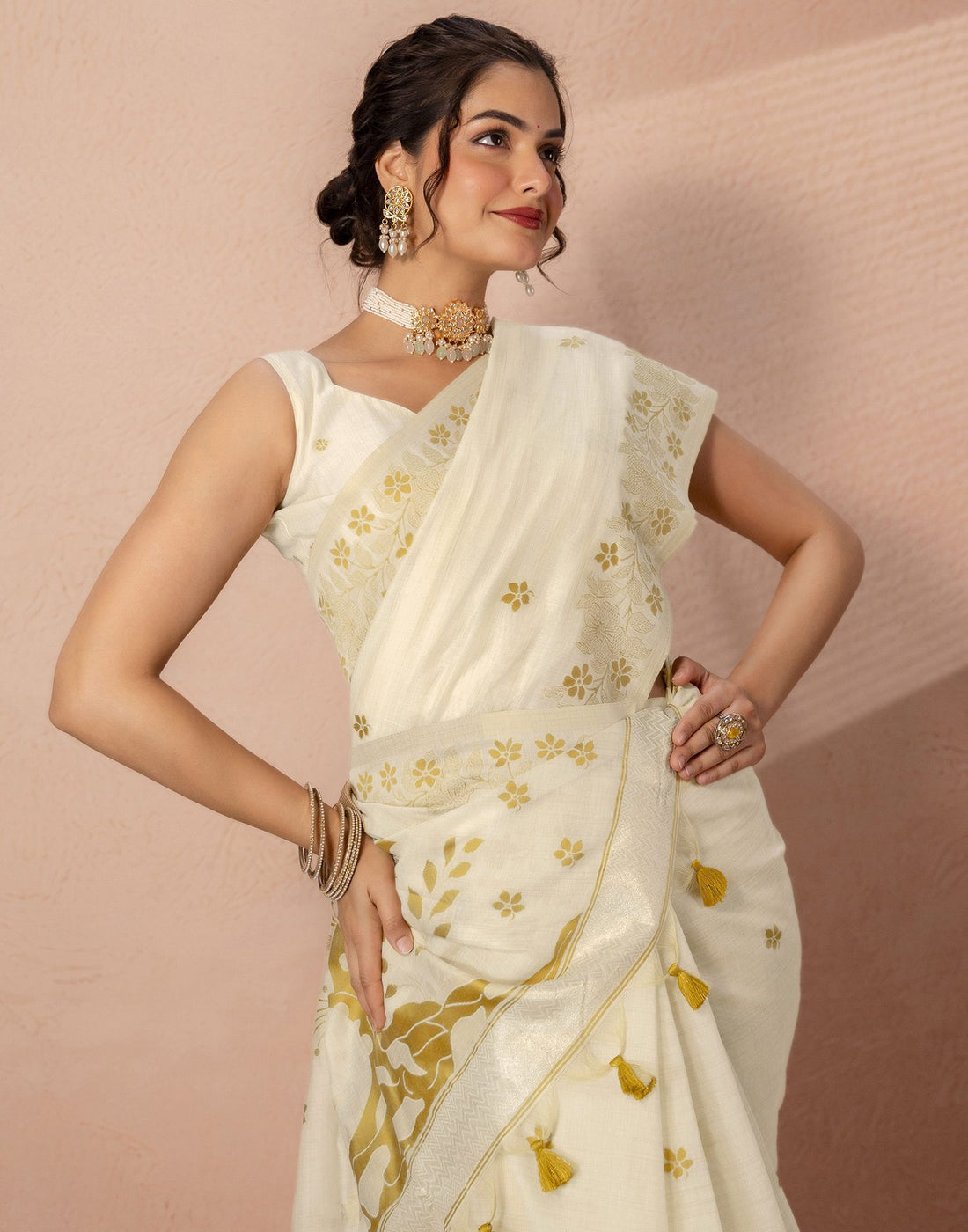 Beige Chanderi Cotton Woven Saree