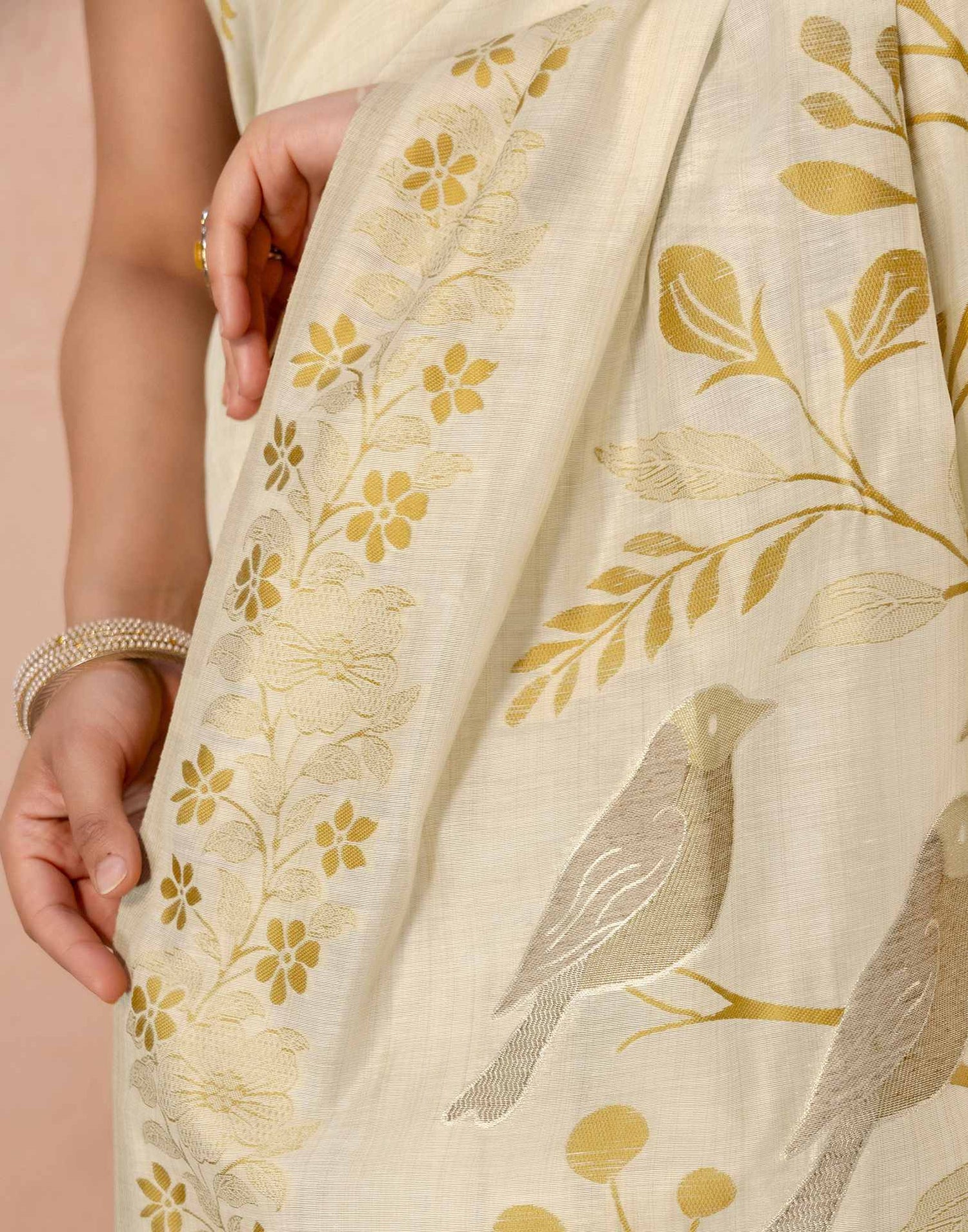 Beige Chanderi Cotton Woven Saree
