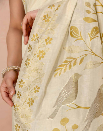 Beige Chanderi Cotton Woven Saree