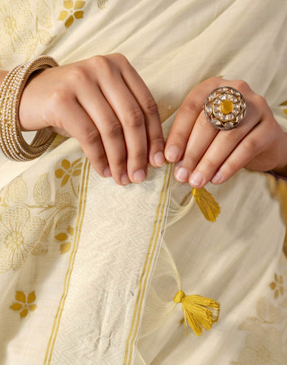 Beige Chanderi Cotton Woven Saree