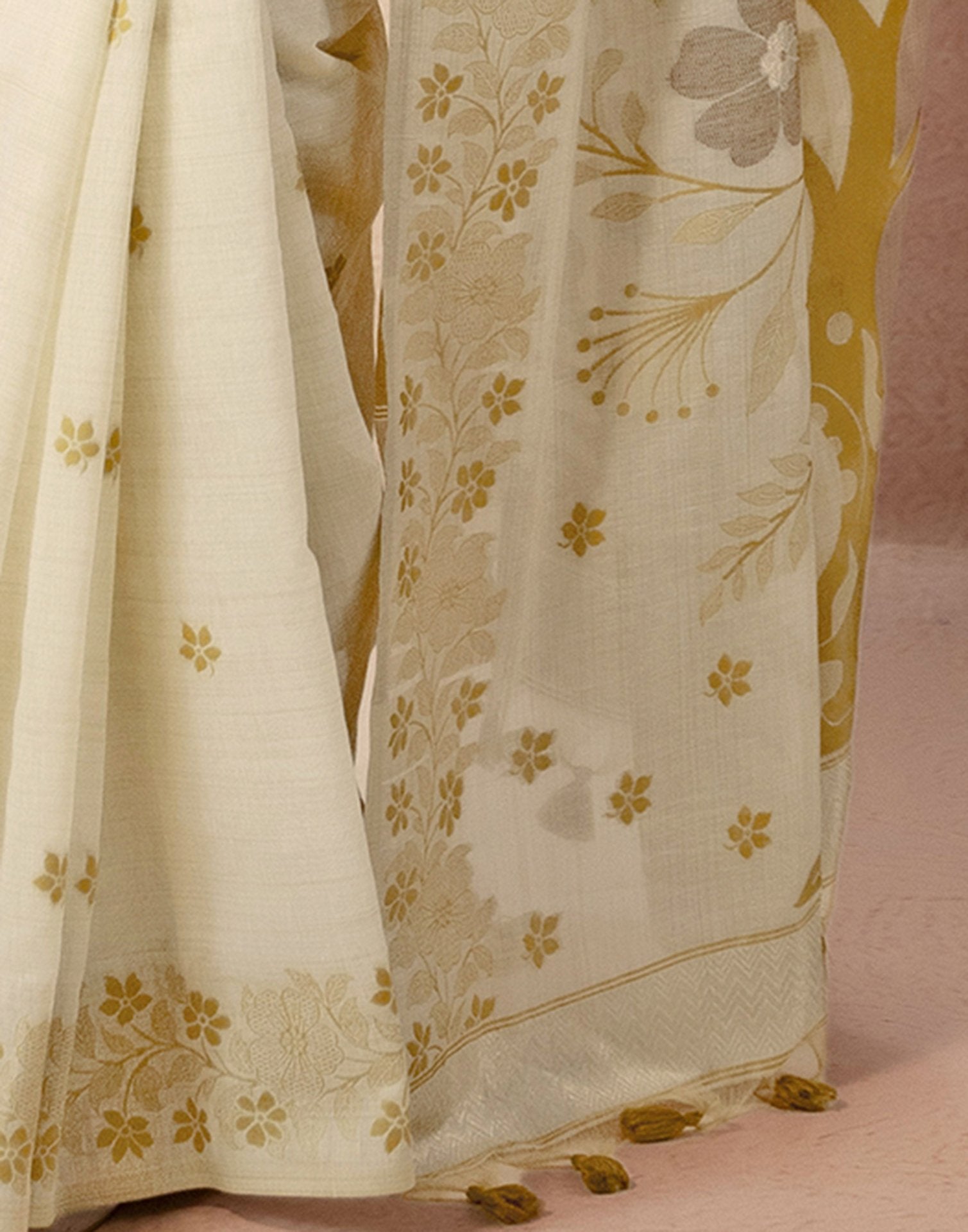 Beige Chanderi Cotton Woven Saree