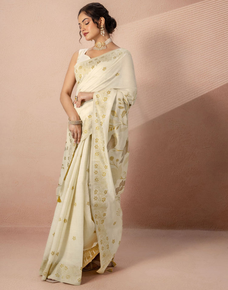 Beige Chanderi Cotton Woven Saree
