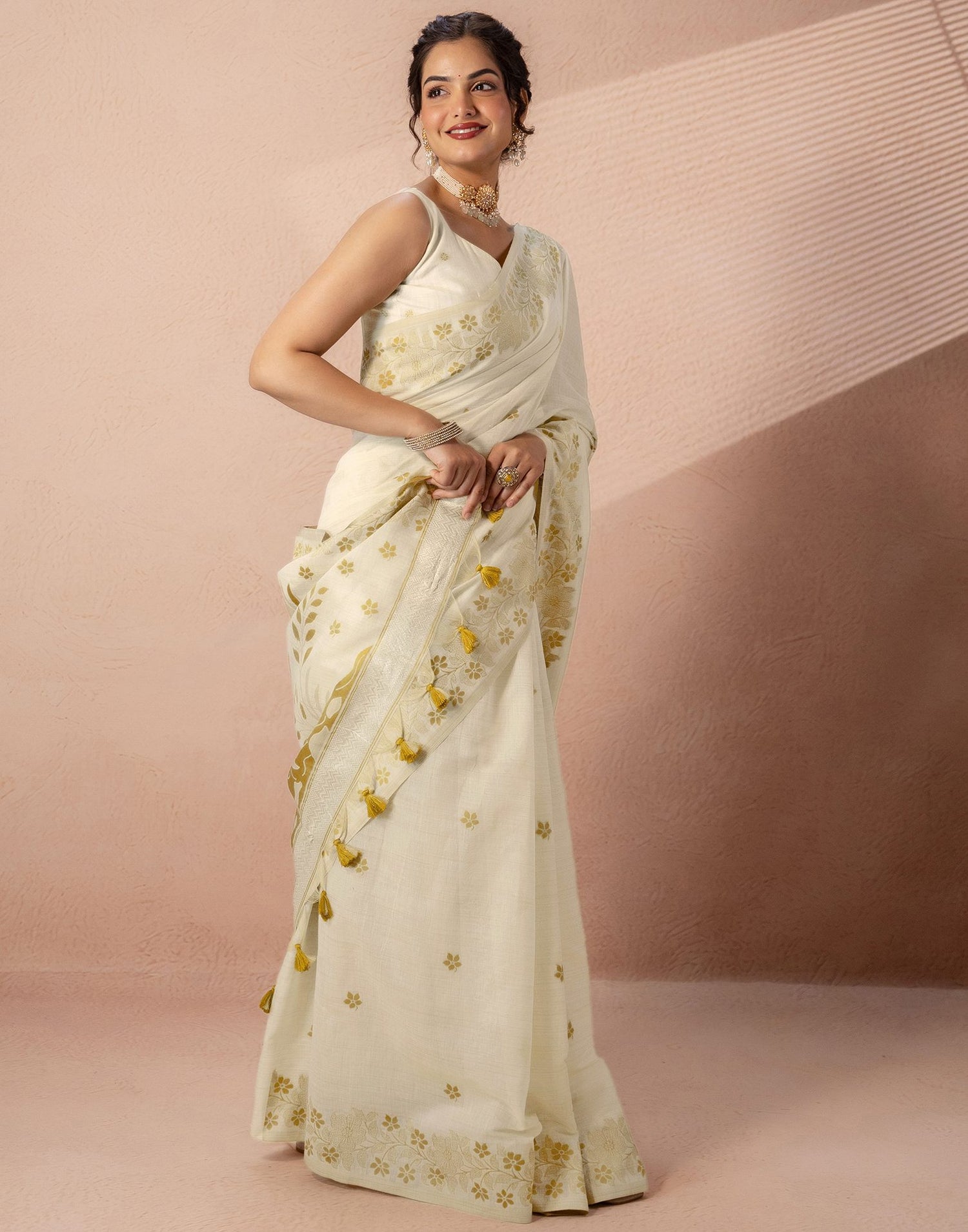 Beige Chanderi Cotton Woven Saree