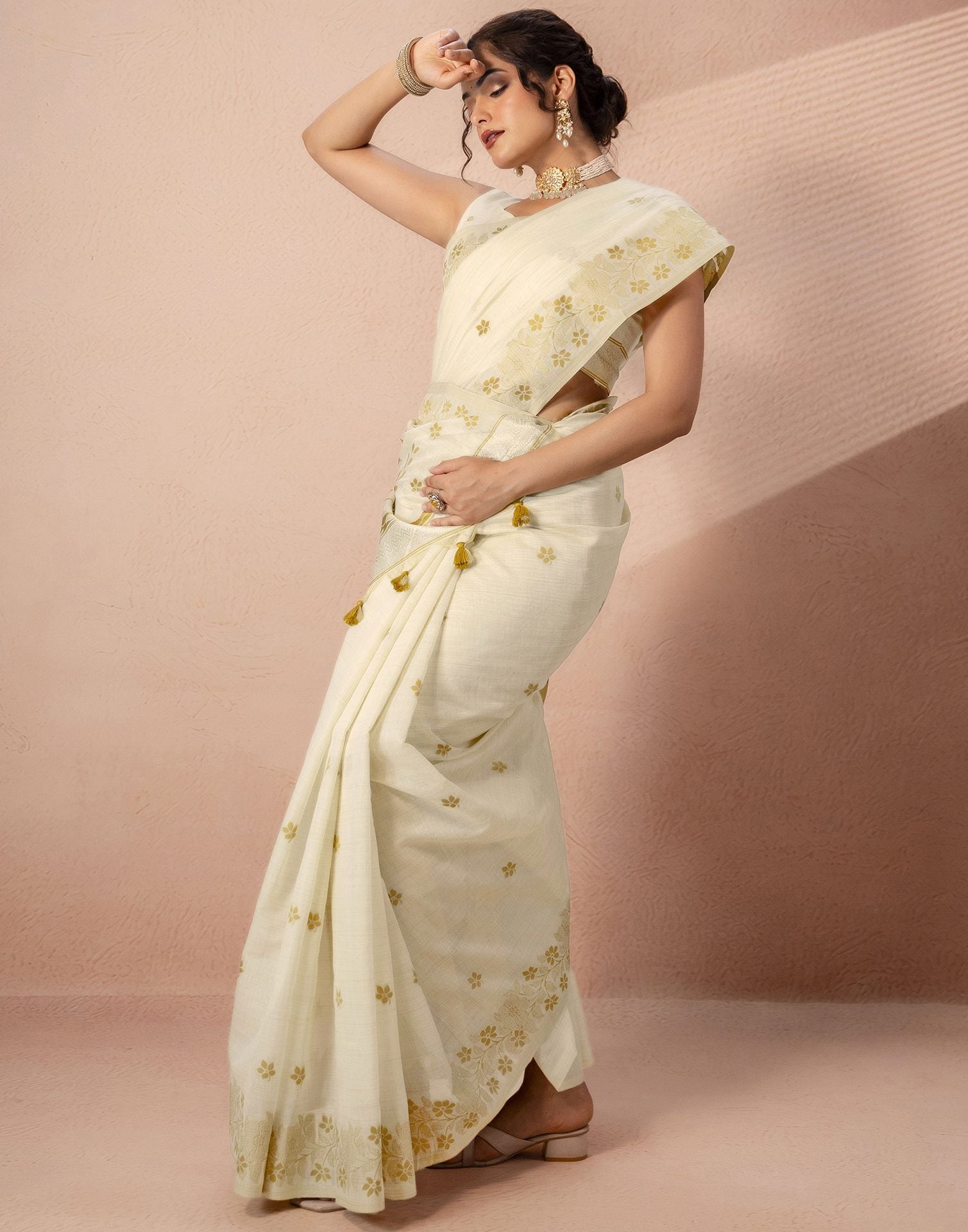 Beige Chanderi Cotton Woven Saree