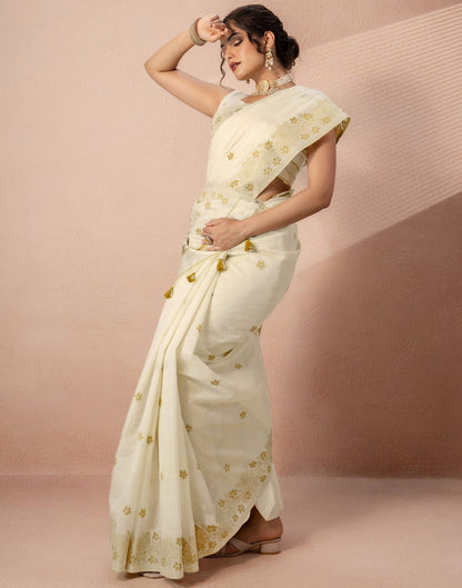 Beige Chanderi Cotton Woven Saree