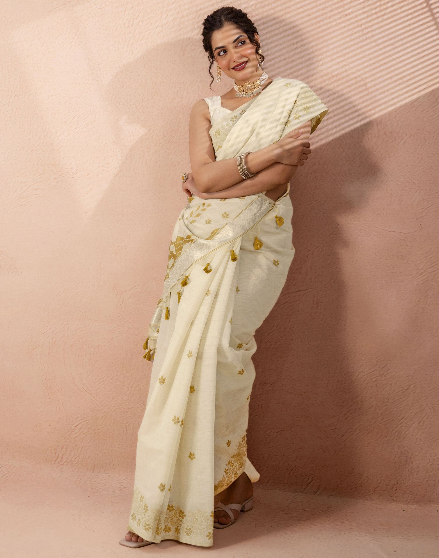 Beige Chanderi Cotton Woven Saree