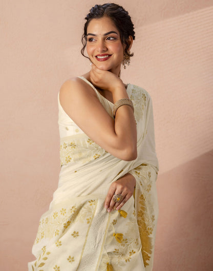 Beige Chanderi Cotton Woven Saree