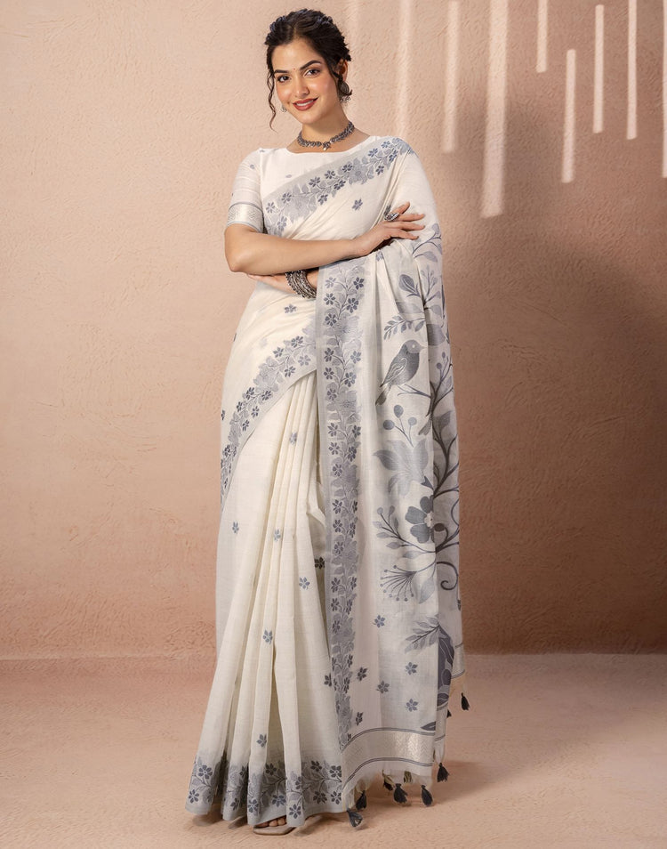 Beige Chanderi Cotton Woven Saree