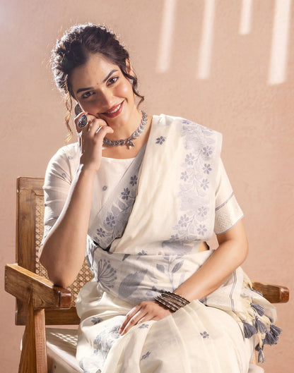 Beige Chanderi Cotton Woven Saree