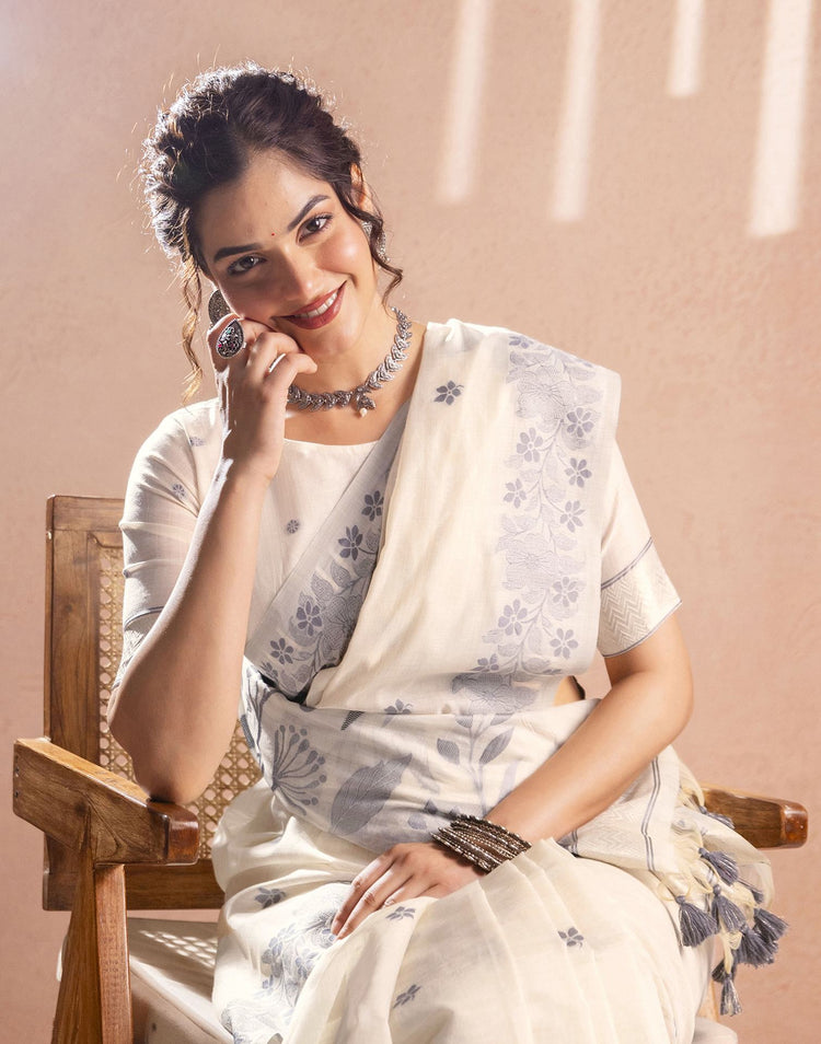 Beige Chanderi Cotton Woven Saree