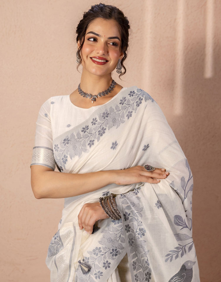 Beige Chanderi Cotton Woven Saree