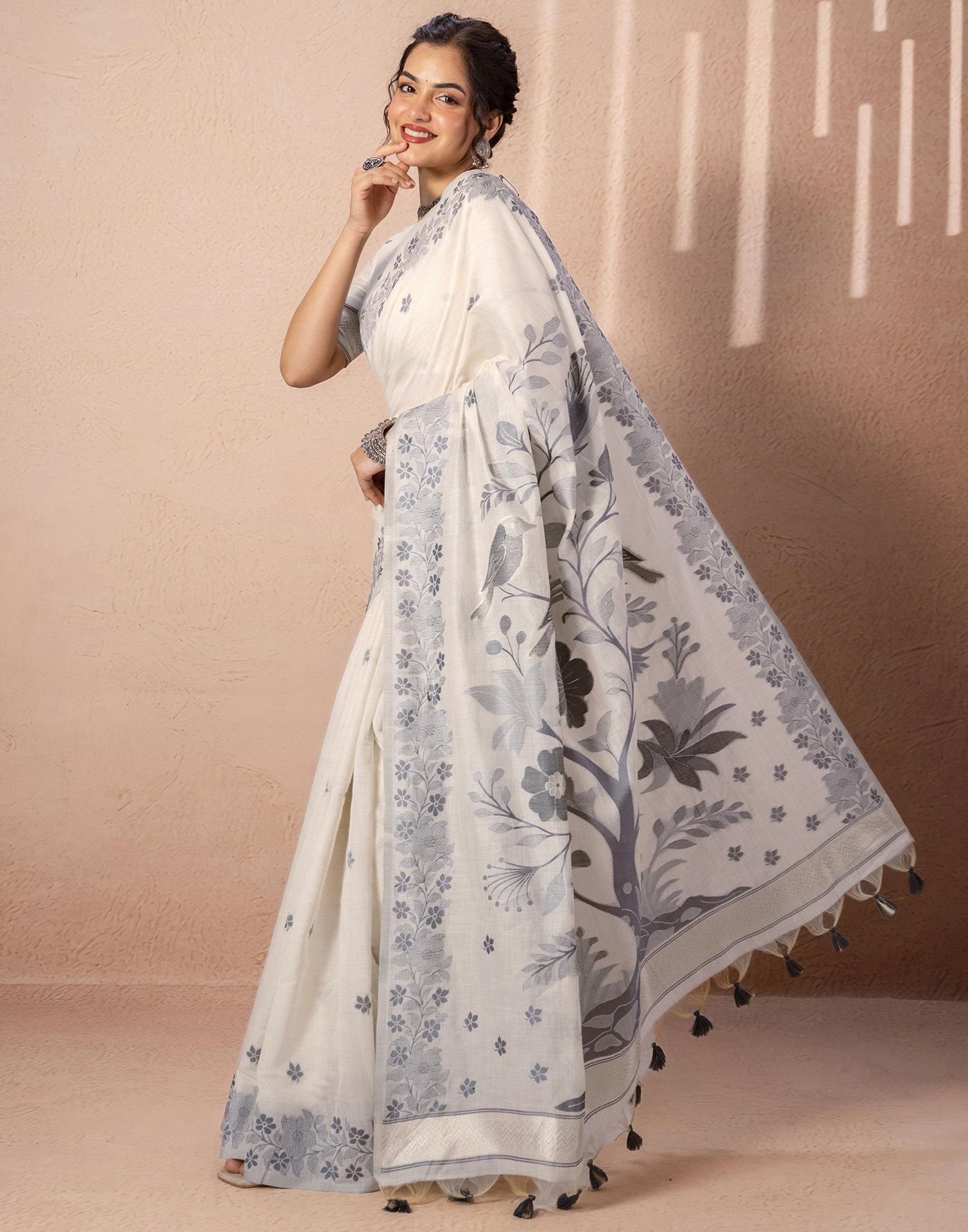 Beige Chanderi Cotton Woven Saree