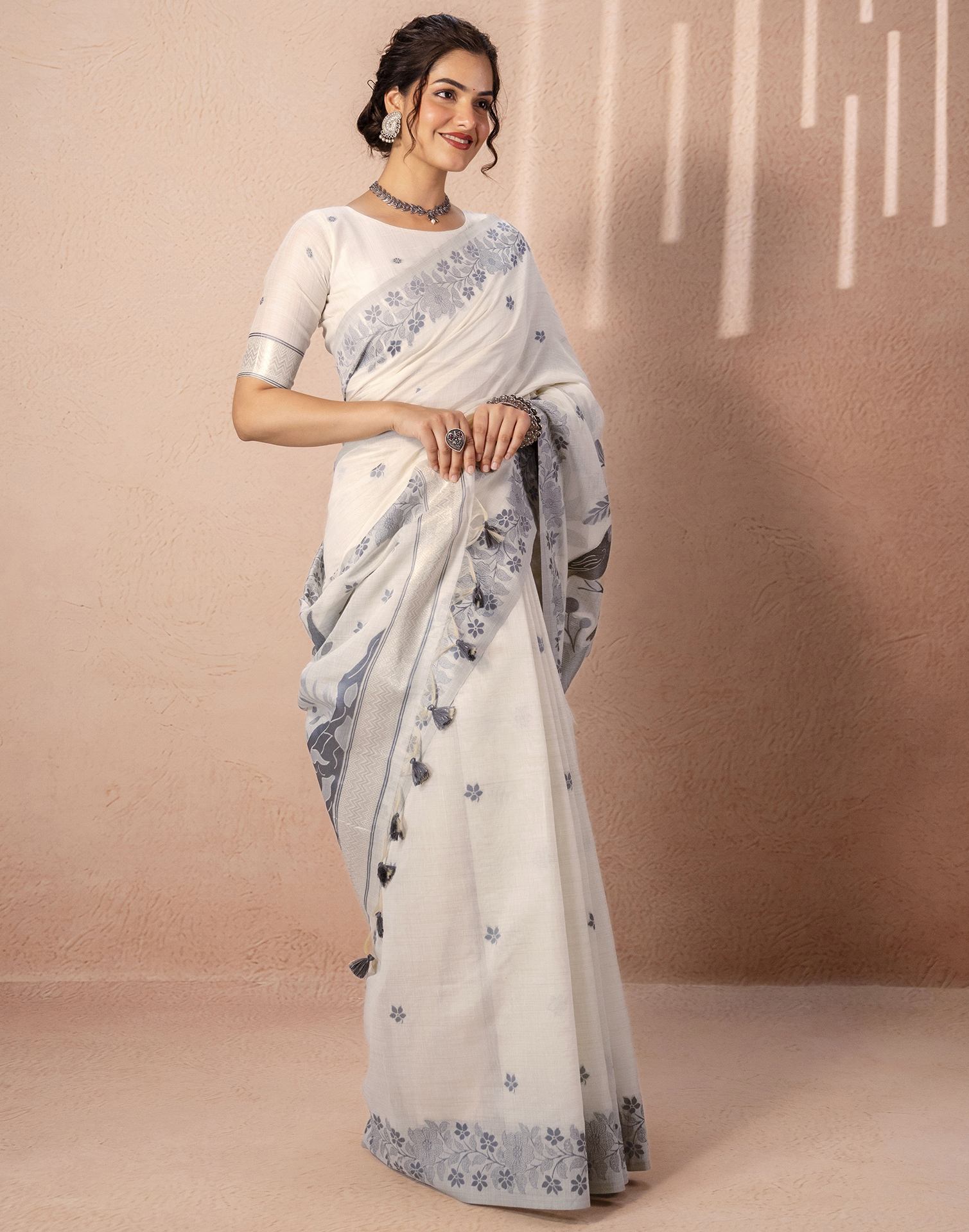 Beige Chanderi Cotton Woven Saree