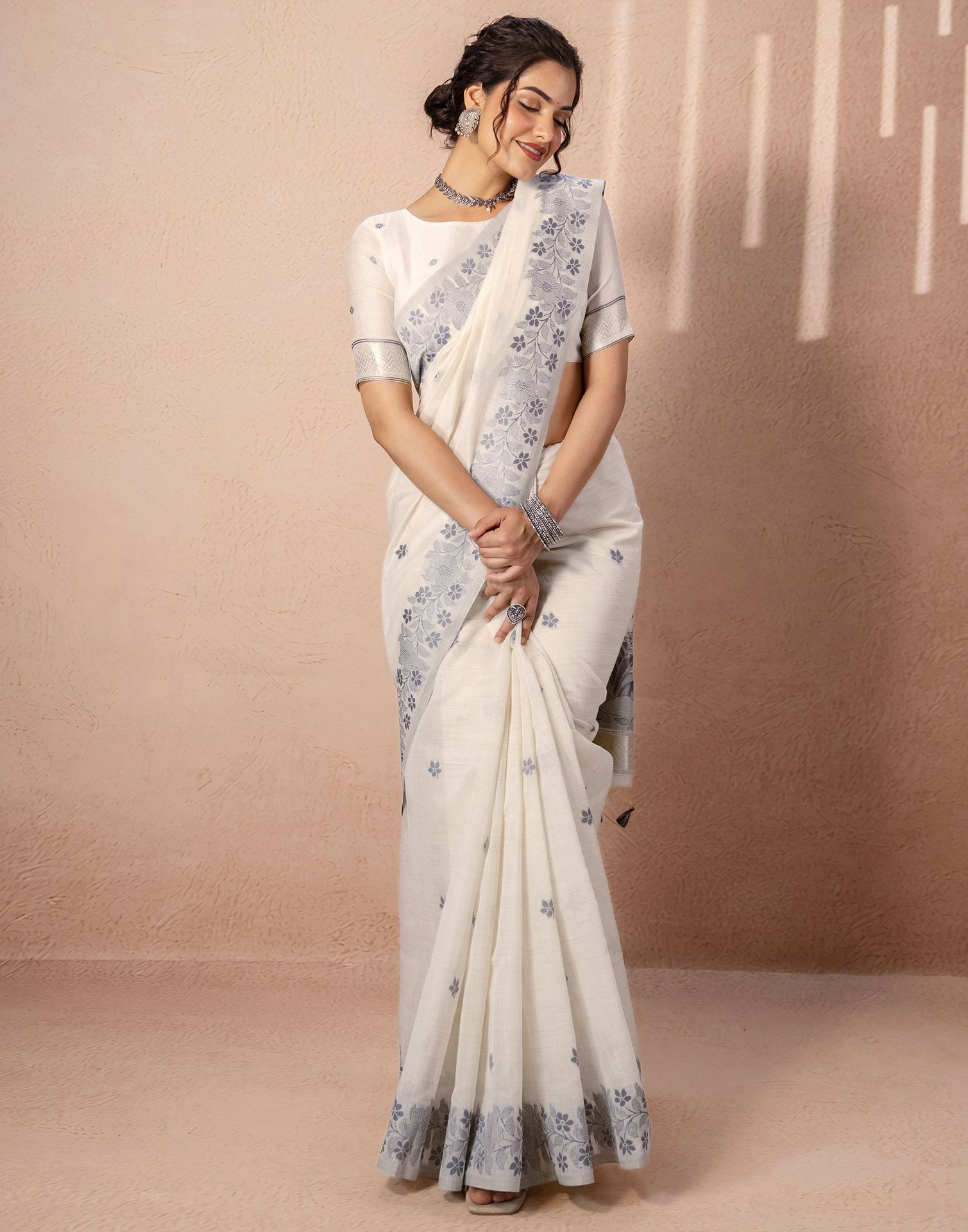 Beige Chanderi Cotton Woven Saree