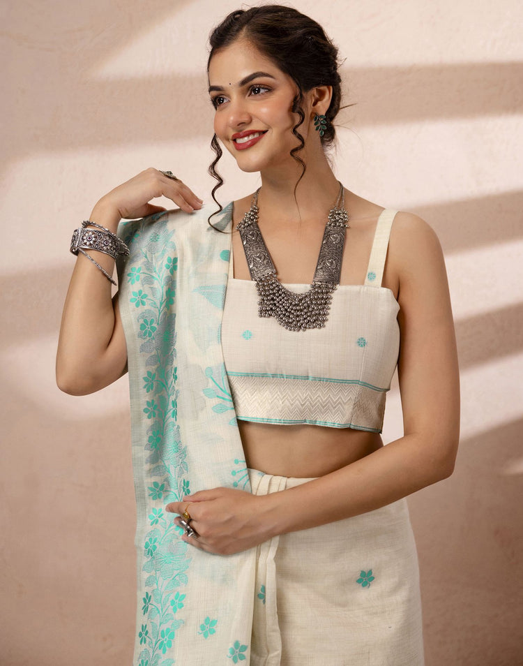 Beige Chanderi Cotton Woven Saree