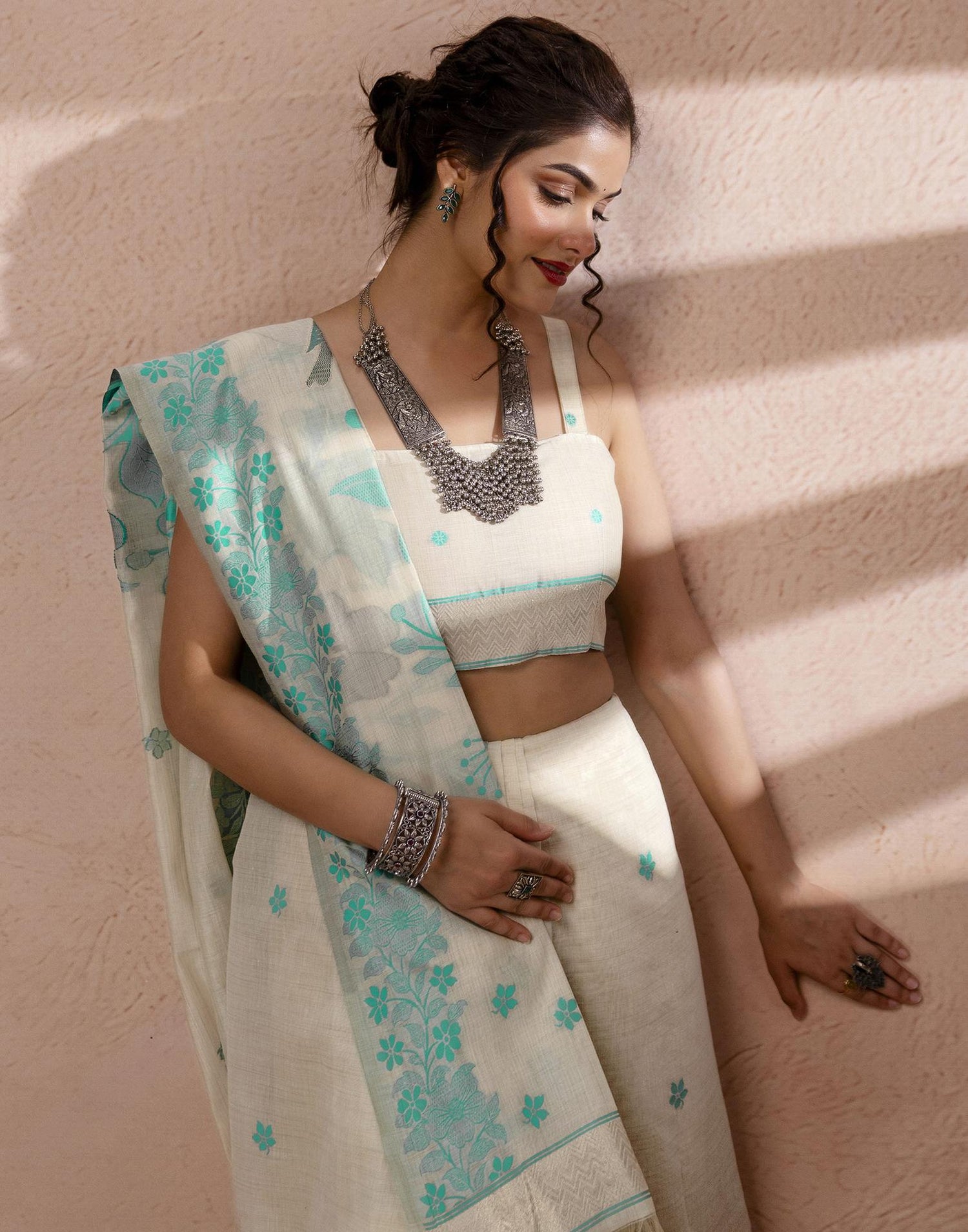 Beige Chanderi Cotton Woven Saree