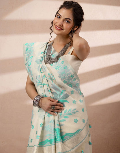Beige Chanderi Cotton Woven Saree