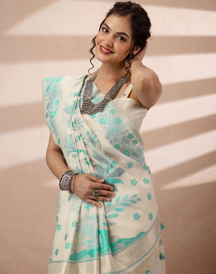Beige Chanderi Cotton Woven Saree