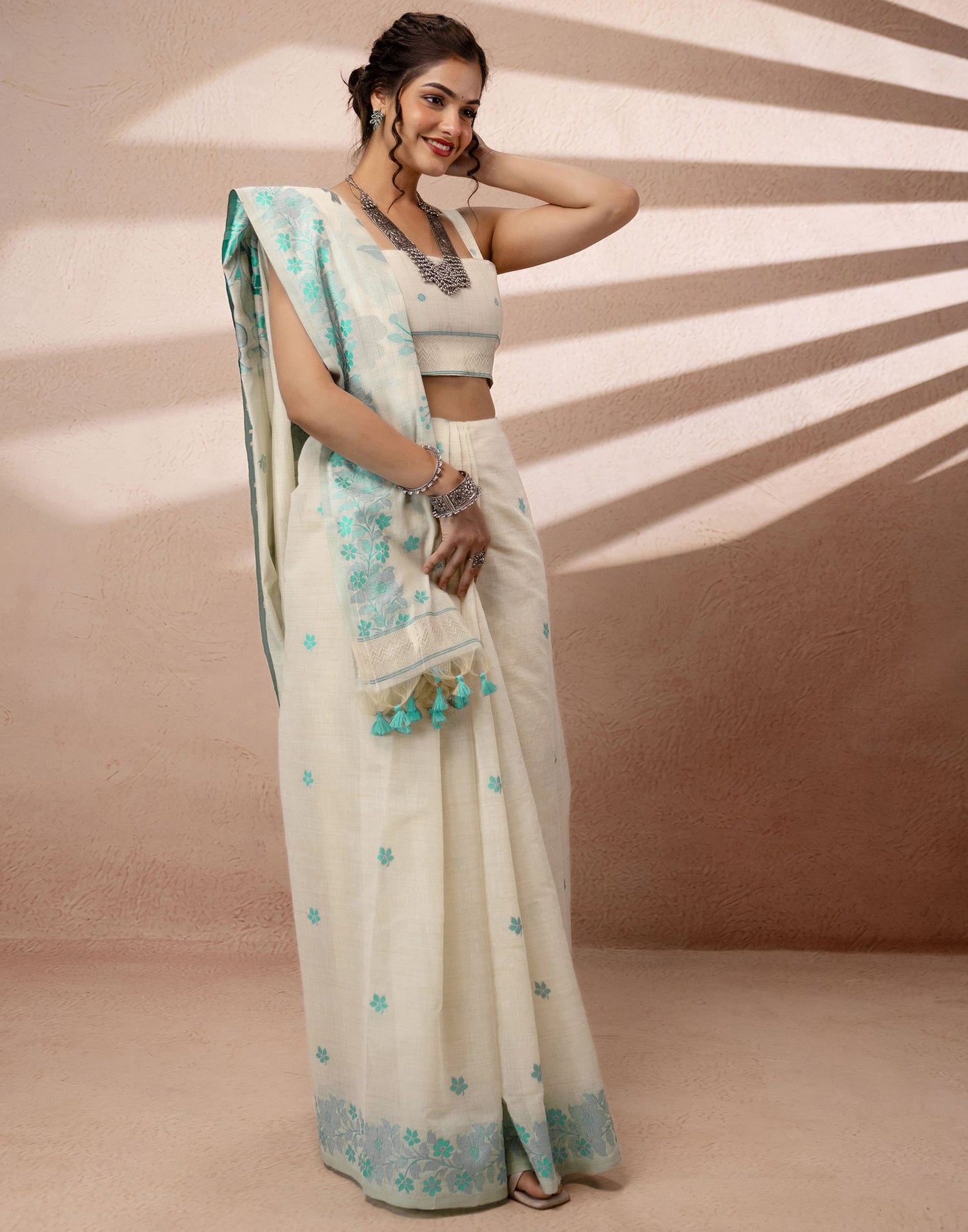 Beige Chanderi Cotton Woven Saree