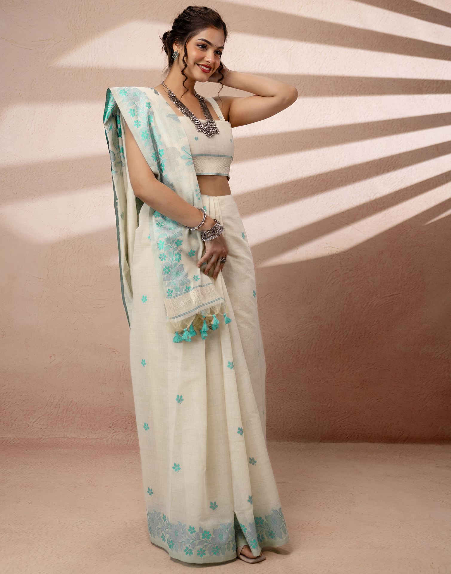 Beige Chanderi Cotton Woven Saree