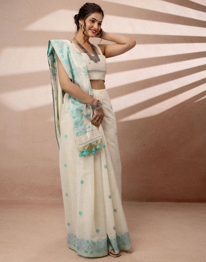 Beige Chanderi Cotton Woven Saree