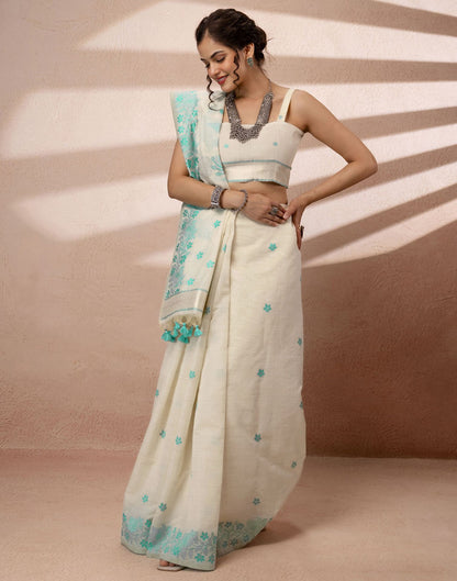 Beige Chanderi Cotton Woven Saree
