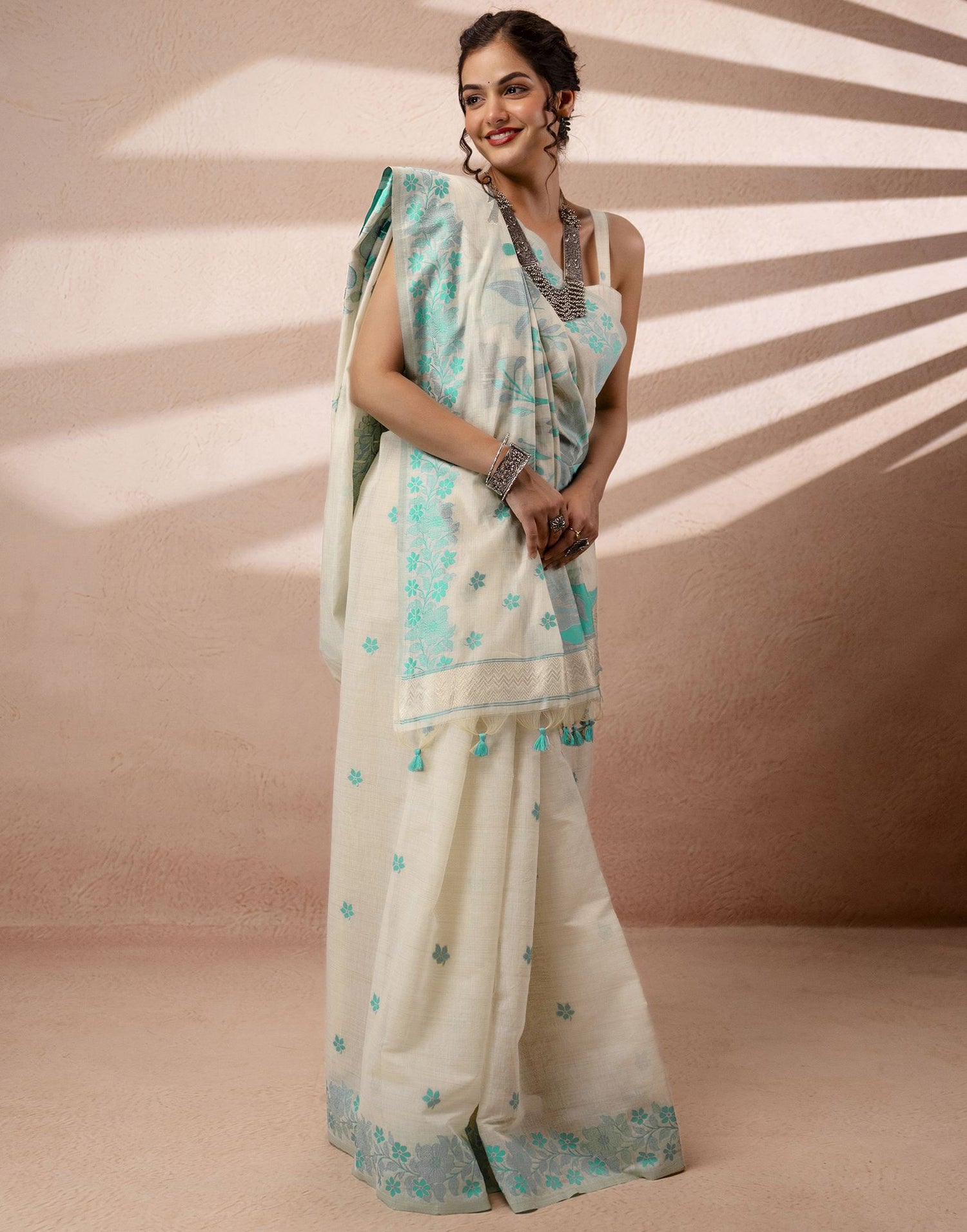 Beige Chanderi Cotton Woven Saree