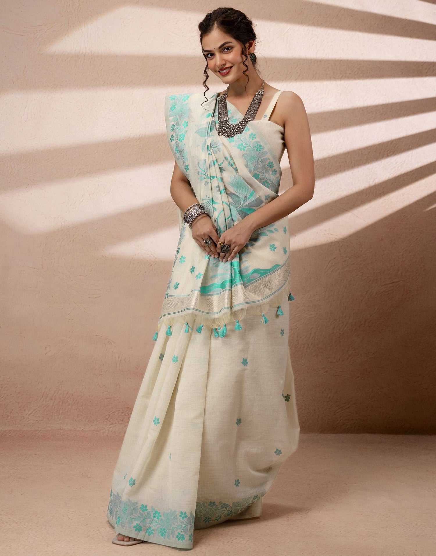 Beige Chanderi Cotton Woven Saree